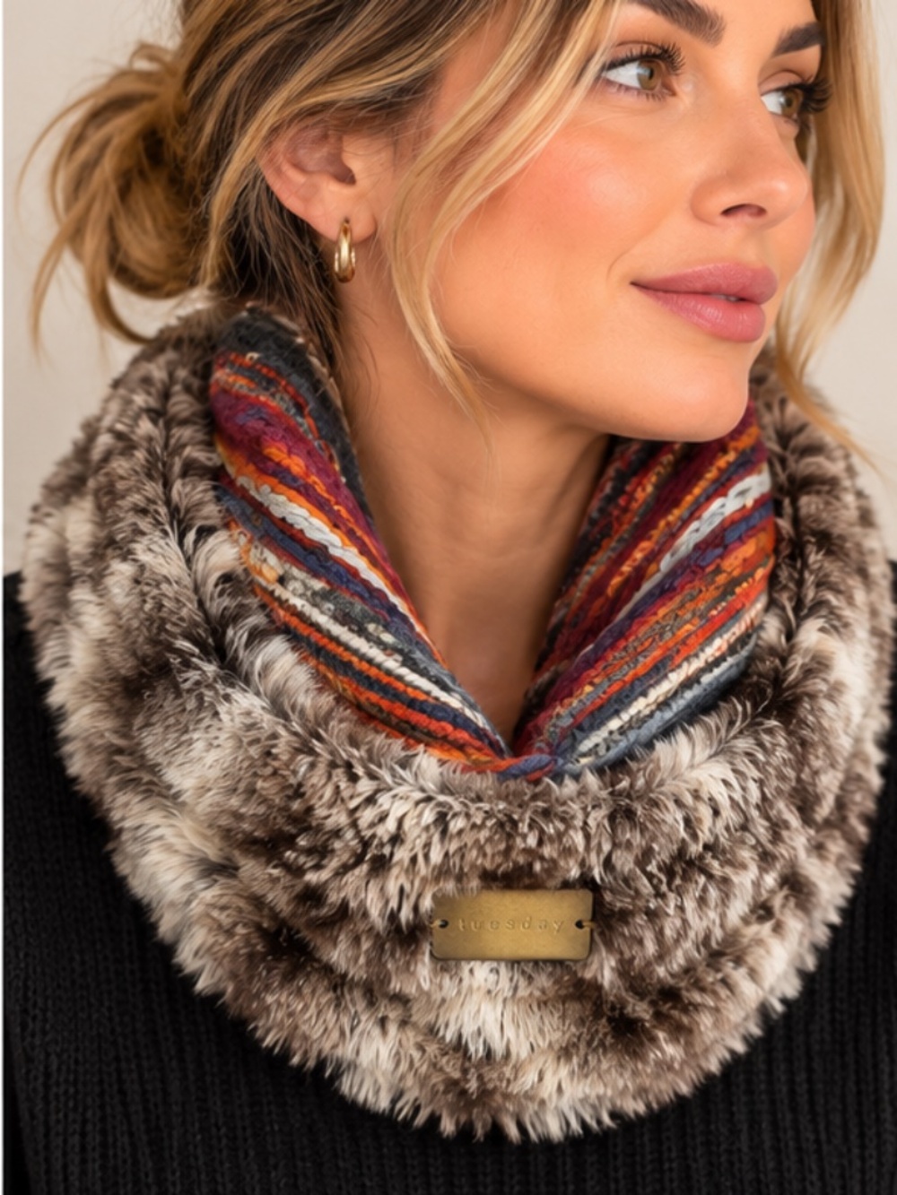 Tuesday Reversible Faux Fur Striped Knit Infinity Cowl Scarf